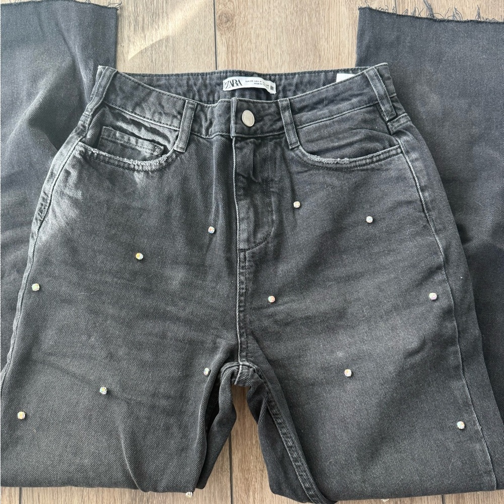 Zara Women's Dark Gray Jeans with Jewel Embellishments